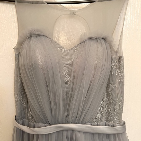 PROM DRESS👗Dusk Blue Tulle Sleeveless Long Lace Embroidered Dress - Picture 4 of 6